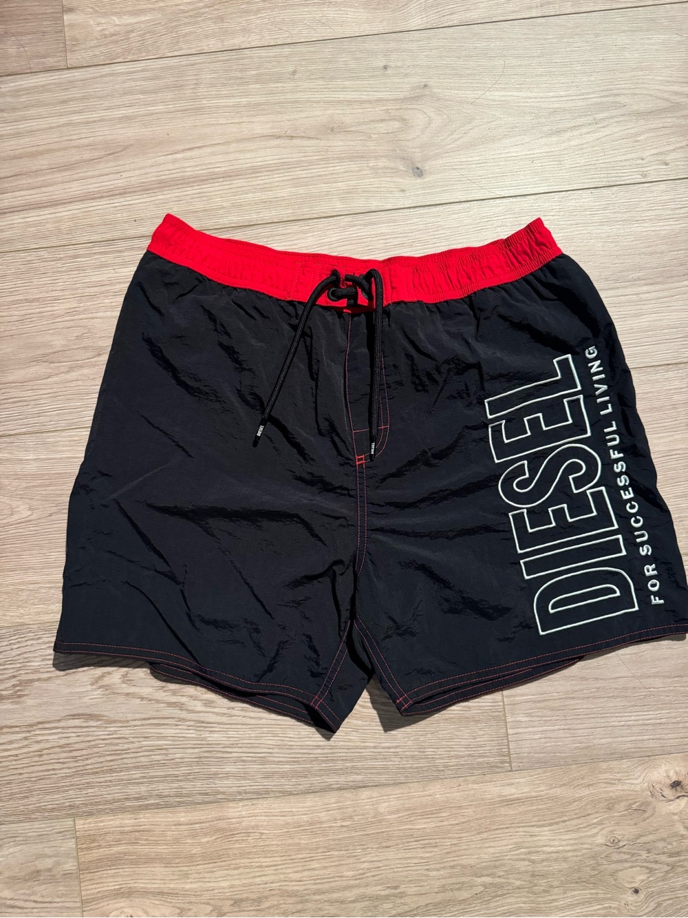 Diesel Black Swim Shorts with Red Waistband and White Logo